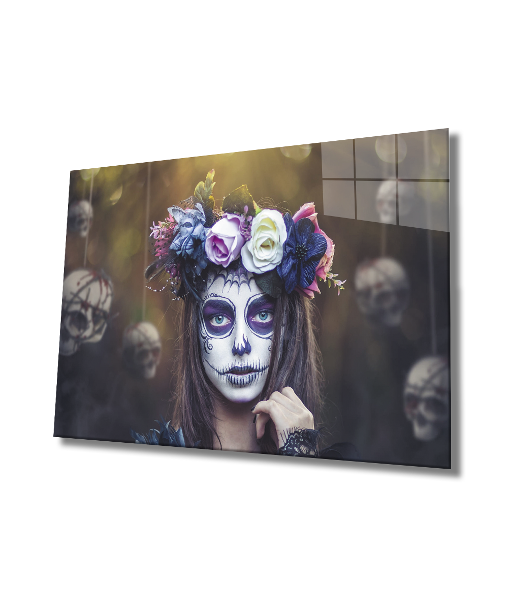 Şeker Kafatası Taçlı Kadın Cam Tablo  4mm Dayanıklı Temperli Cam, Sugar Skull Crowned Woman Glass Wall Art