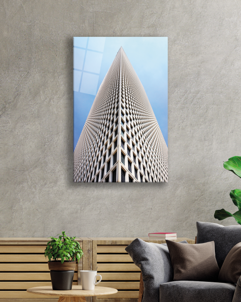 Bina Geometrik Mavi Beyaz Cam Tablo 4mm Dayanıklı Temperli Cam Blue White Geometric Glass Painting