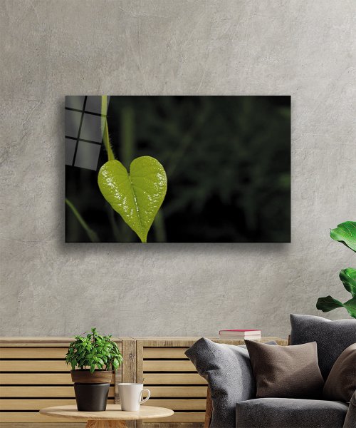 Yeşil Kalp  Yaprak  Cam Tablo  4mm Dayanıklı Temperli Cam Green Heart Leaf Glass Wall Art