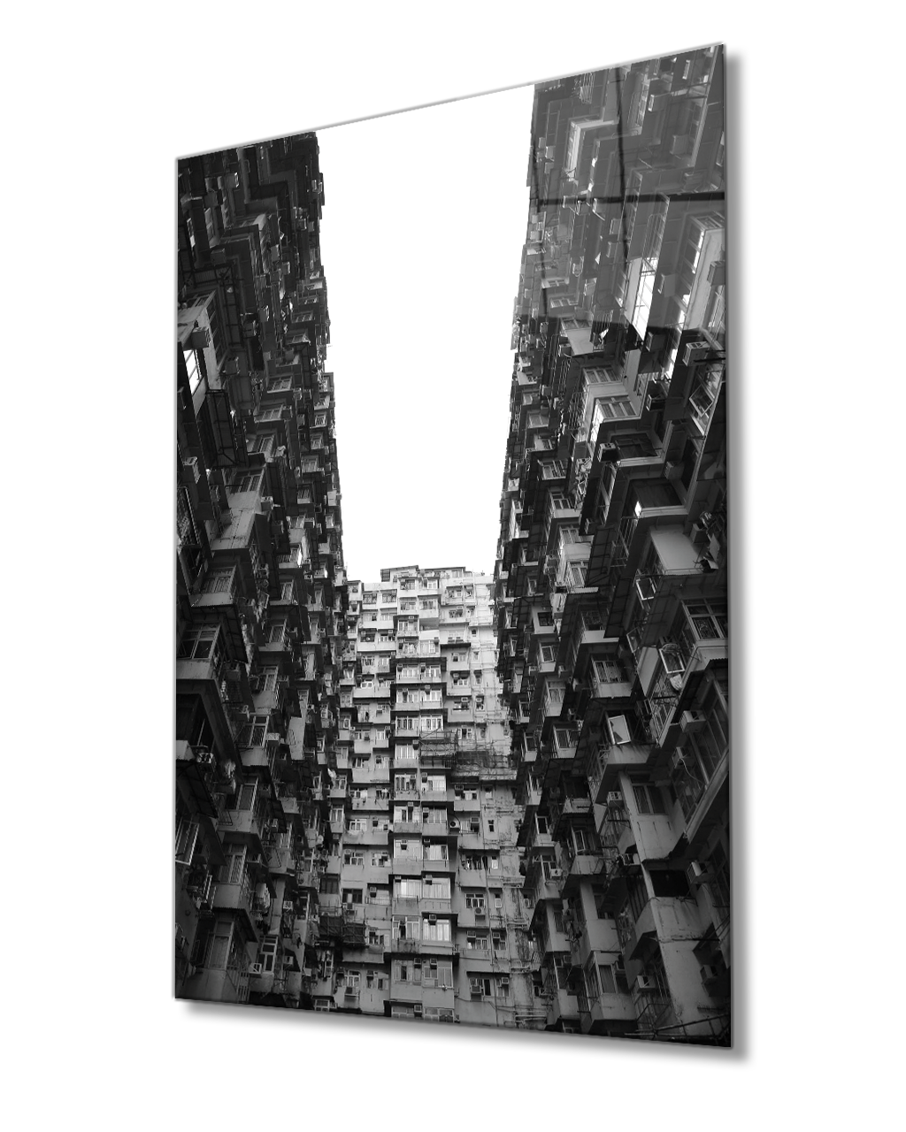 Siyah Beyaz  Aşağıdan Yukarı Doğru Bina Geometrik Cam Tablo 4mm Dayanıklı Temperli Cam Black and White Geometric Balconies Building Glass Painting