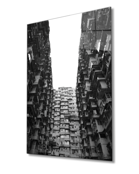 Siyah Beyaz  Aşağıdan Yukarı Doğru Bina Geometrik Cam Tablo 4mm Dayanıklı Temperli Cam Black and White Geometric Balconies Building Glass Painting