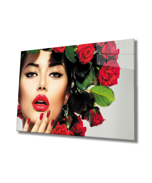 Gül Saçlı Kırmızı Rujlu Kadın Cam Tablo  4mm Dayanıklı Temperli Cam,  Rose Haired Woman with Red Lipstick Glass Wall Art