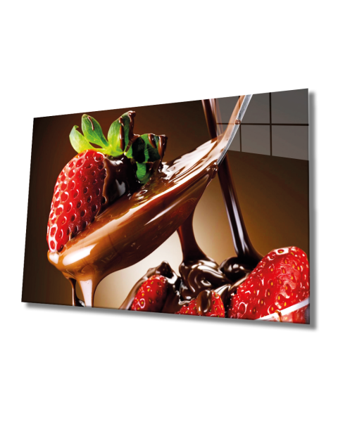 Çilek ve Çikolata Cam Tablo  4mm Dayanıklı Temperli Cam, Chocolate And Strawberry