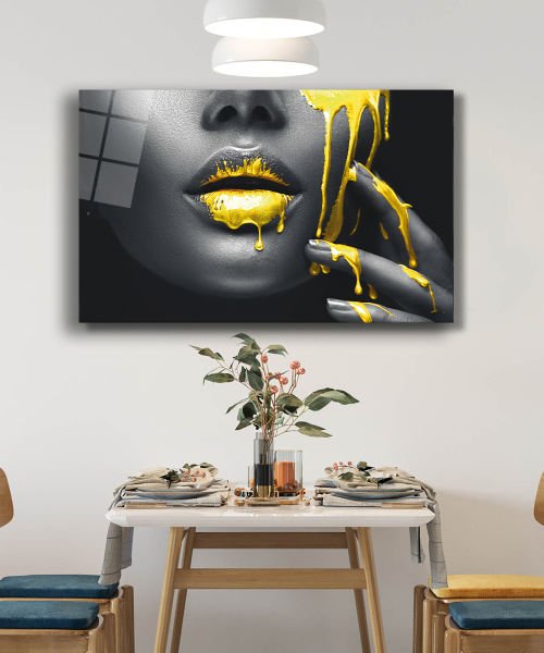 Kadınlar Sarı Dudak Kadın Cam Tablo 4mm Dayanıklı Temperli Cam, Women Yellow and Lip Glass Wall Art