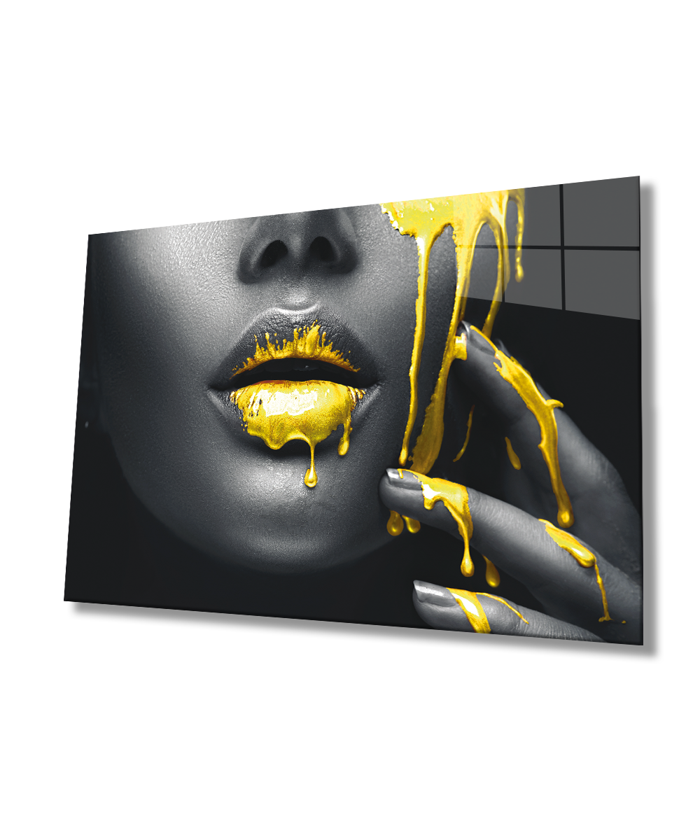 Kadınlar Sarı Dudak Kadın Cam Tablo 4mm Dayanıklı Temperli Cam, Women Yellow and Lip Glass Wall Art