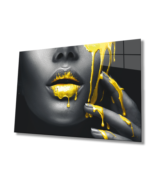 Kadınlar Sarı Dudak Kadın Cam Tablo 4mm Dayanıklı Temperli Cam, Women Yellow and Lip Glass Wall Art