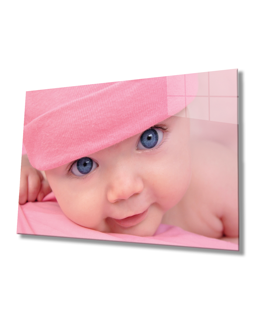 Pembe Şapkalı Bebek Cam Tablo  4mm Dayanıklı Temperli Cam Baby Glass Table With Pink Hat 4mm Durable Tempered Glass