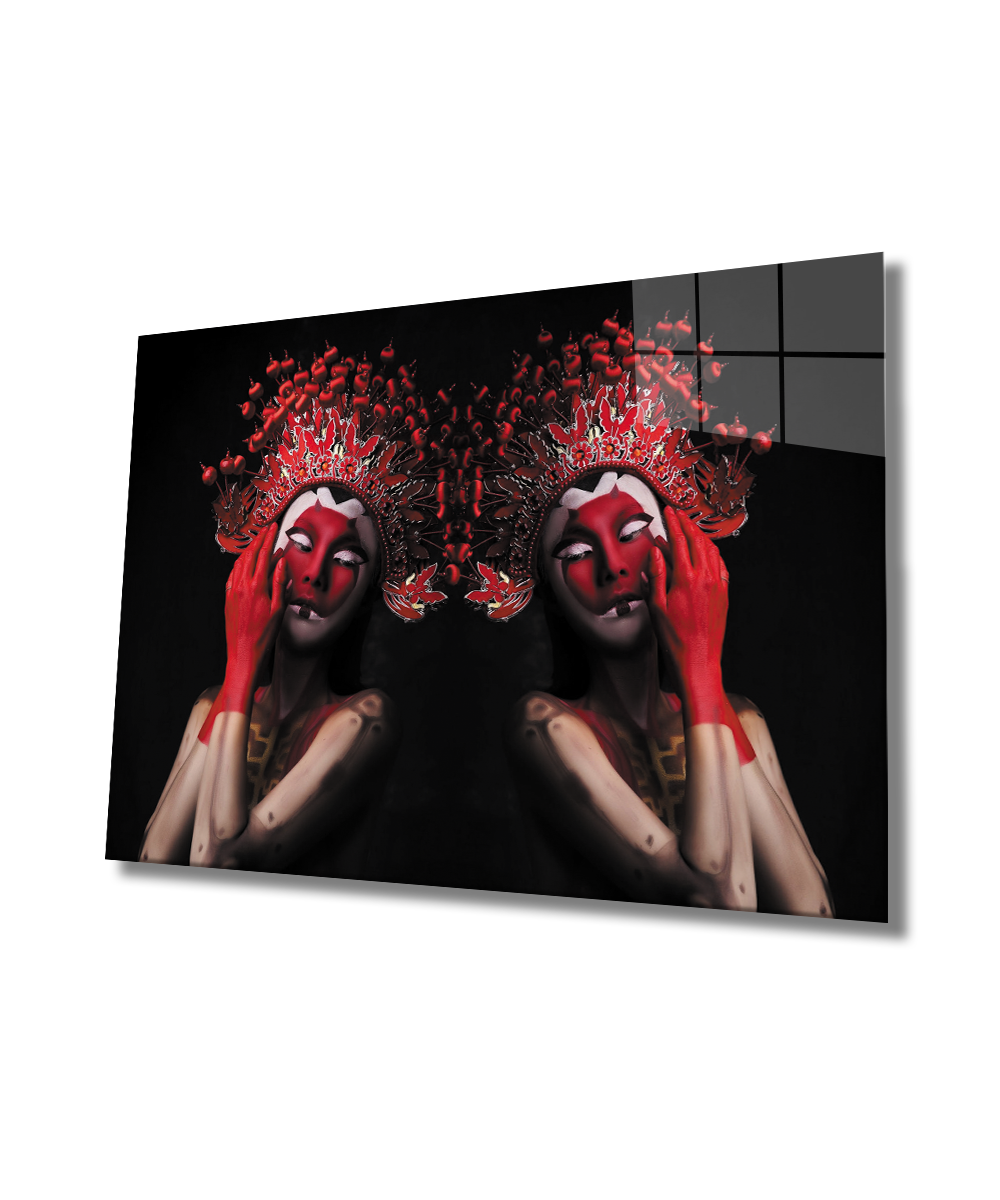 Kadınlar Kırmızı Maskeli Cam Tablo  4mm Dayanıklı Temperli Cam Women Red Masked Glass Wall Art