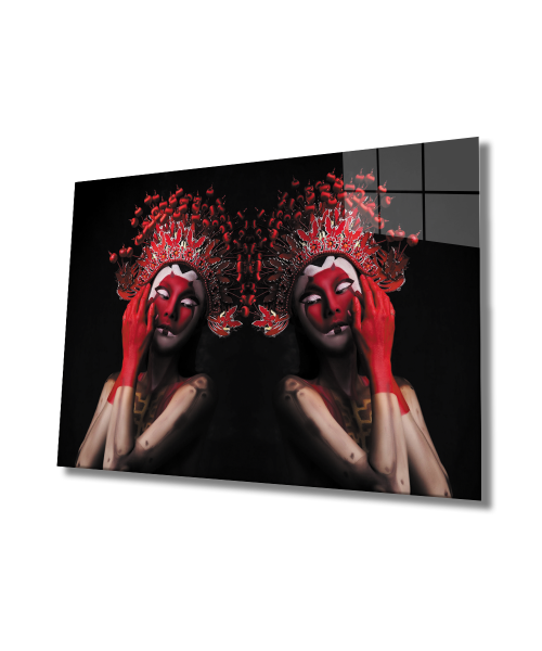 Kadınlar Kırmızı Maskeli Cam Tablo  4mm Dayanıklı Temperli Cam Women Red Masked Glass Wall Art