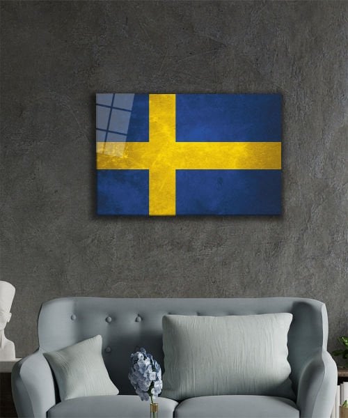 İsveç Bayrağı Cam Tablo  4mm Dayanıklı Temperli Cam,  Swedish Flag Glass Wall Art