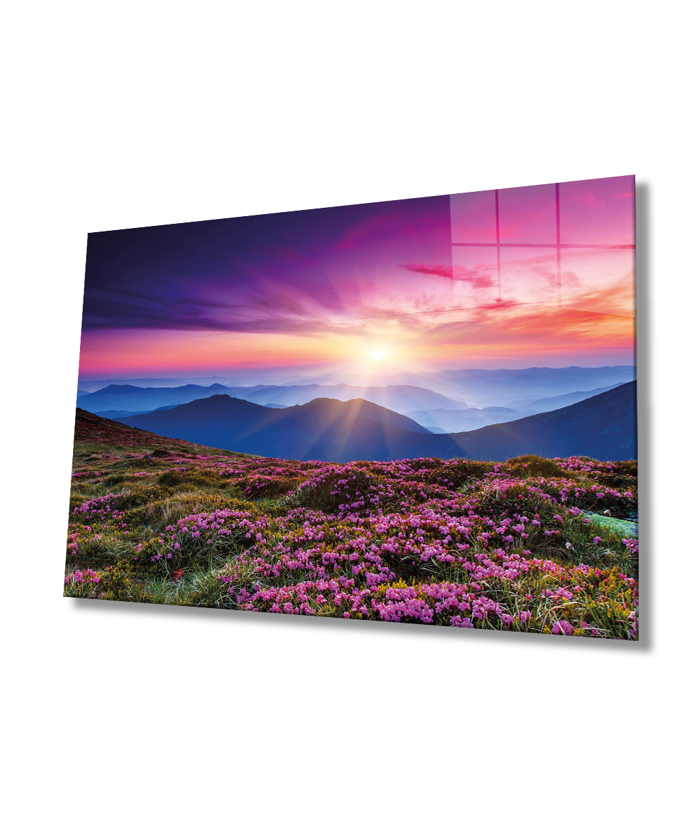 Dağ Manzara Pembe Cam Tablo  4mm Dayanıklı Temperli Cam Mountain Landscape Green Glass Wall Art