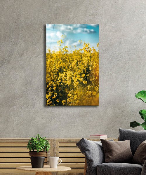 Sarı Manzara Cam Tablo  4mm Dayanıklı Temperli Cam, Yellow Landscape Glass Wall Decor