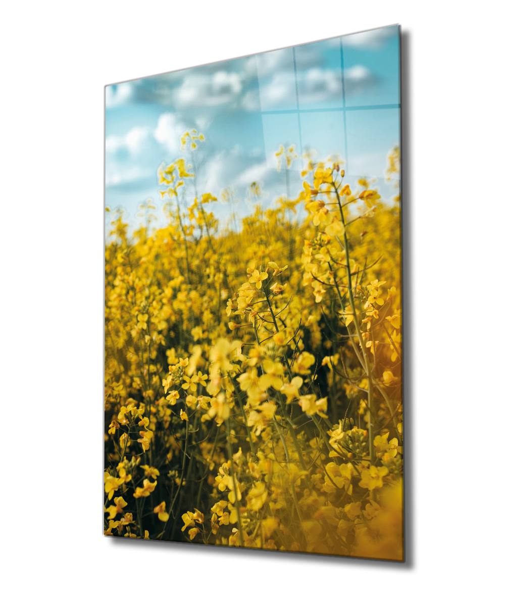 Sarı Manzara Cam Tablo  4mm Dayanıklı Temperli Cam, Yellow Landscape Glass Wall Decor