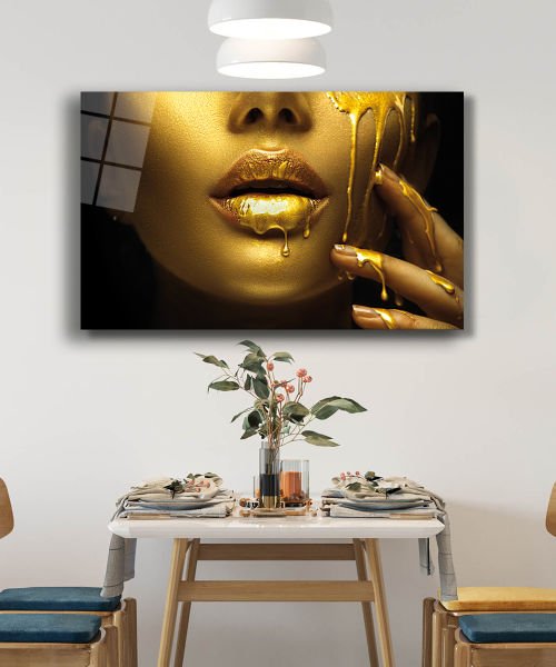 Kadınlar Gold Dudak Kadın Cam Tablo 4mm Dayanıklı Temperli Cam, Women Gold and Lip Glass Wall Art