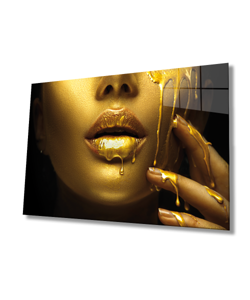 Kadınlar Gold Dudak Kadın Cam Tablo 4mm Dayanıklı Temperli Cam, Women Gold and Lip Glass Wall Art