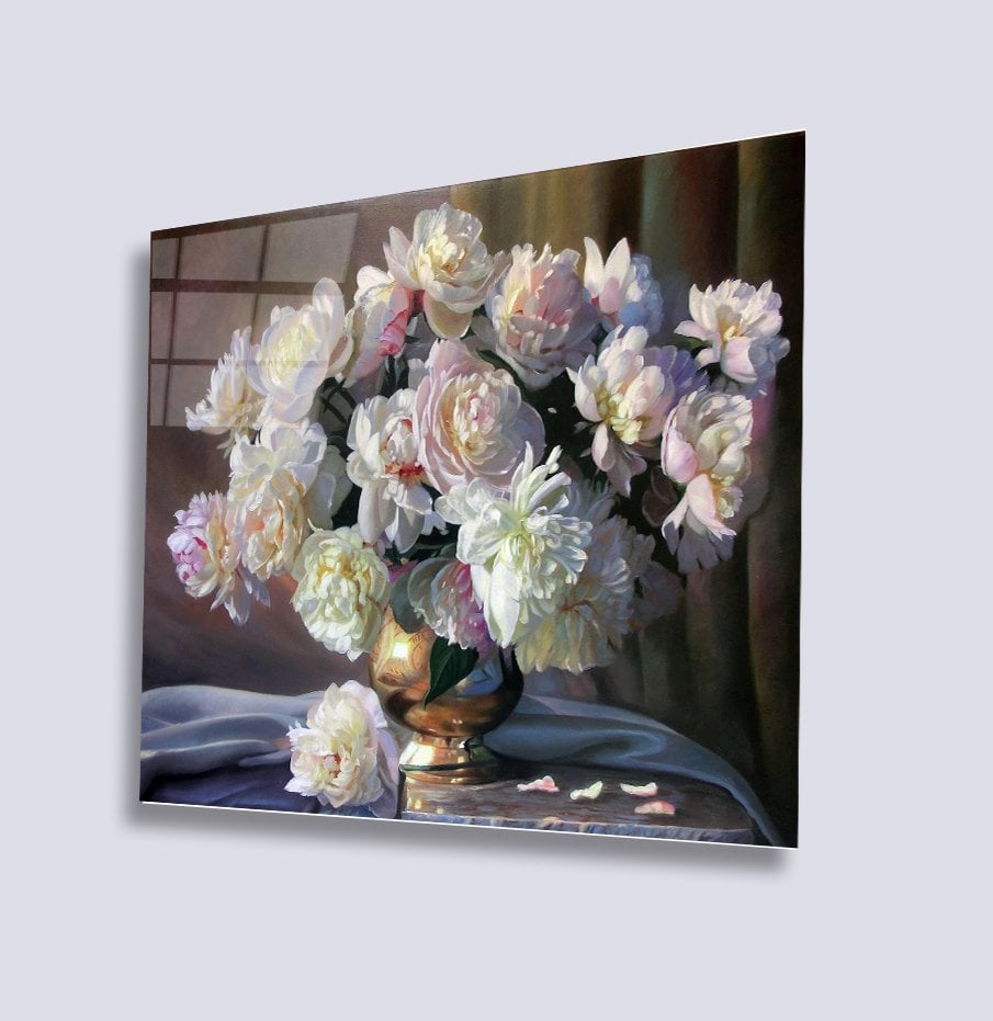 Vazoda Beyaz Çiçekler  Uv Baskılı Cam Tablo 4mm Dayanıklı Temperli Cam 50x50 Cm