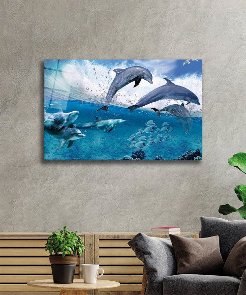 Yunus Balıkları Cam Tablo  4mm Dayanıklı Temperli Cam, Dolphins Glass Wall Art