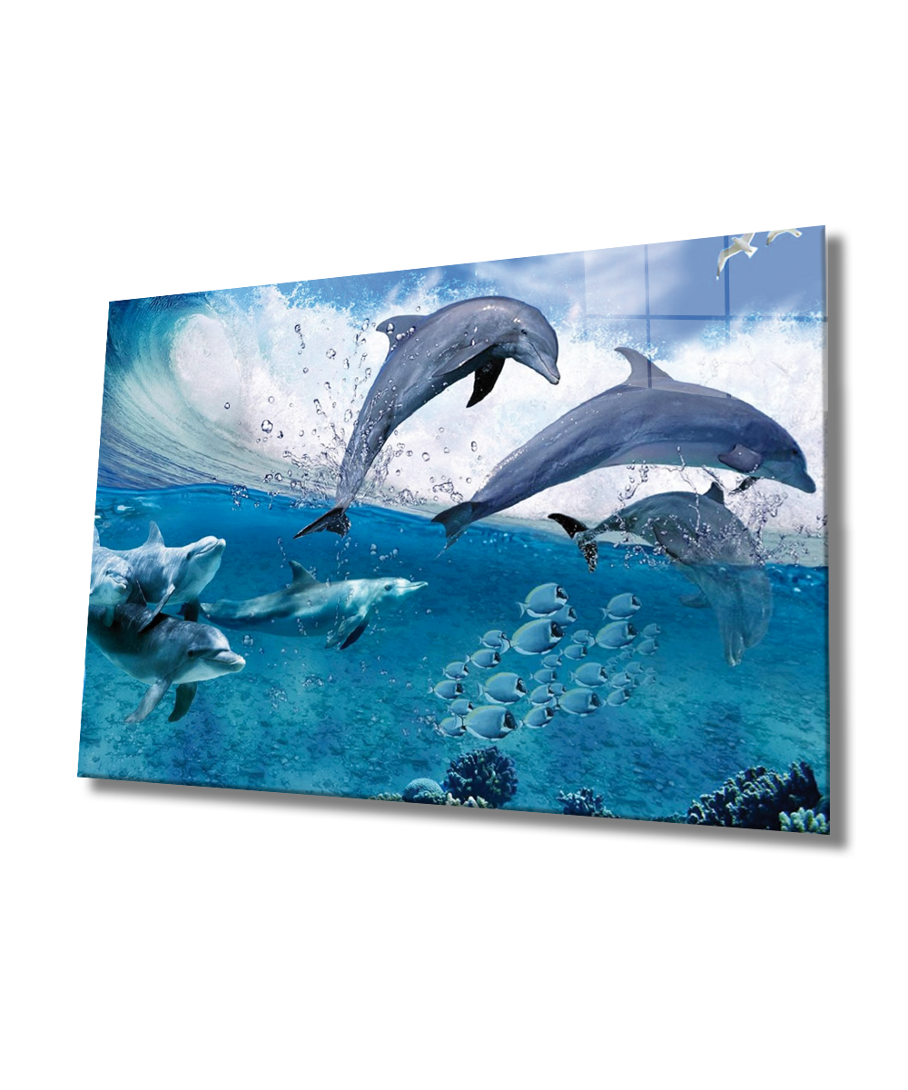 Yunus Balıkları Cam Tablo  4mm Dayanıklı Temperli Cam, Dolphins Glass Wall Art