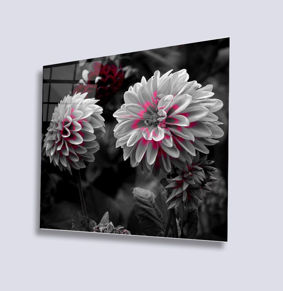 Pembe Beyaz Çiçekler Uv Baskılı Cam Tablo 4mm Dayanıklı Temperli Cam 50x50 Cm