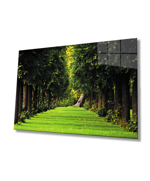 Manzara Orman  Ağaçlar Yeşil Cam Tablo  4mm Dayanıklı Temperli Cam Landscape Forest Trees Green Glass Wall Art