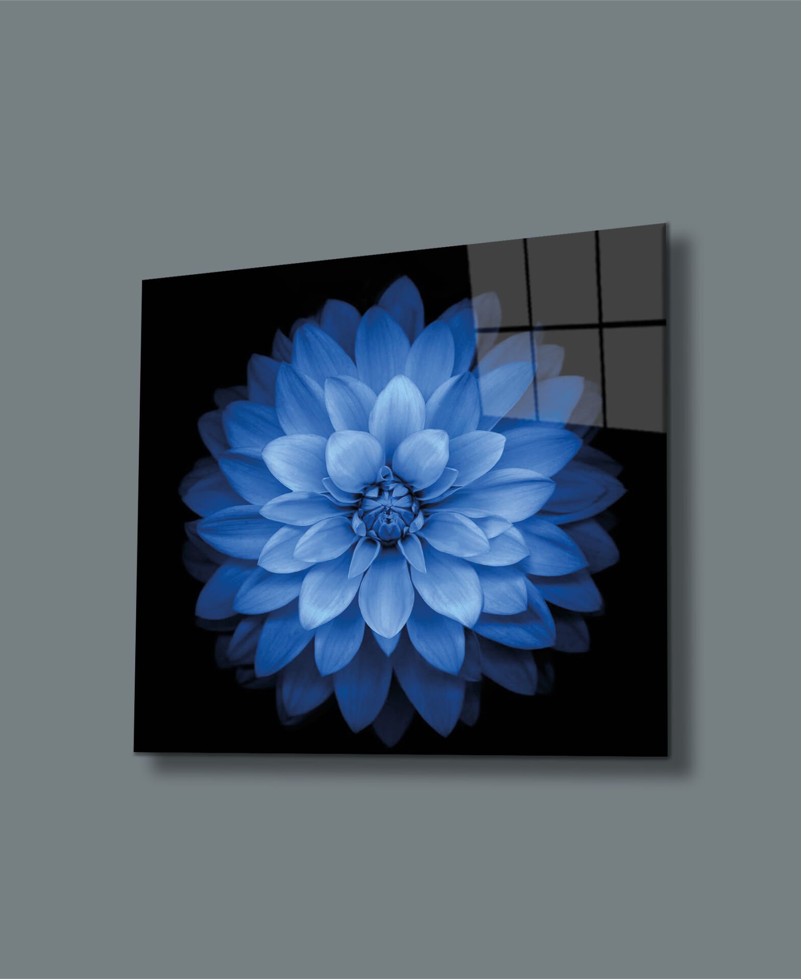 Mavi Çiçek Uv Baskılı Cam Tablo 4mm Dayanıklı Temperli Cam 50x50 Cm
