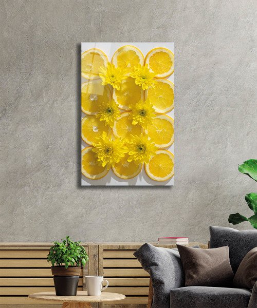 Sarı Limonlar Cam Tablo  4mm Dayanıklı Temperli Cam, Yellow Lemons Glass Wall Decor