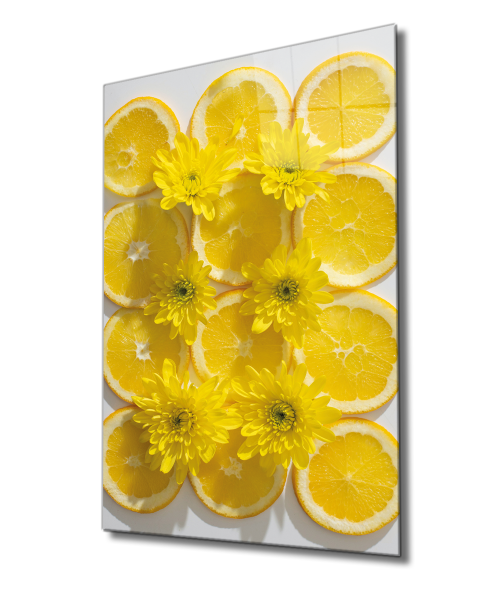 Sarı Limonlar Cam Tablo  4mm Dayanıklı Temperli Cam, Yellow Lemons Glass Wall Decor