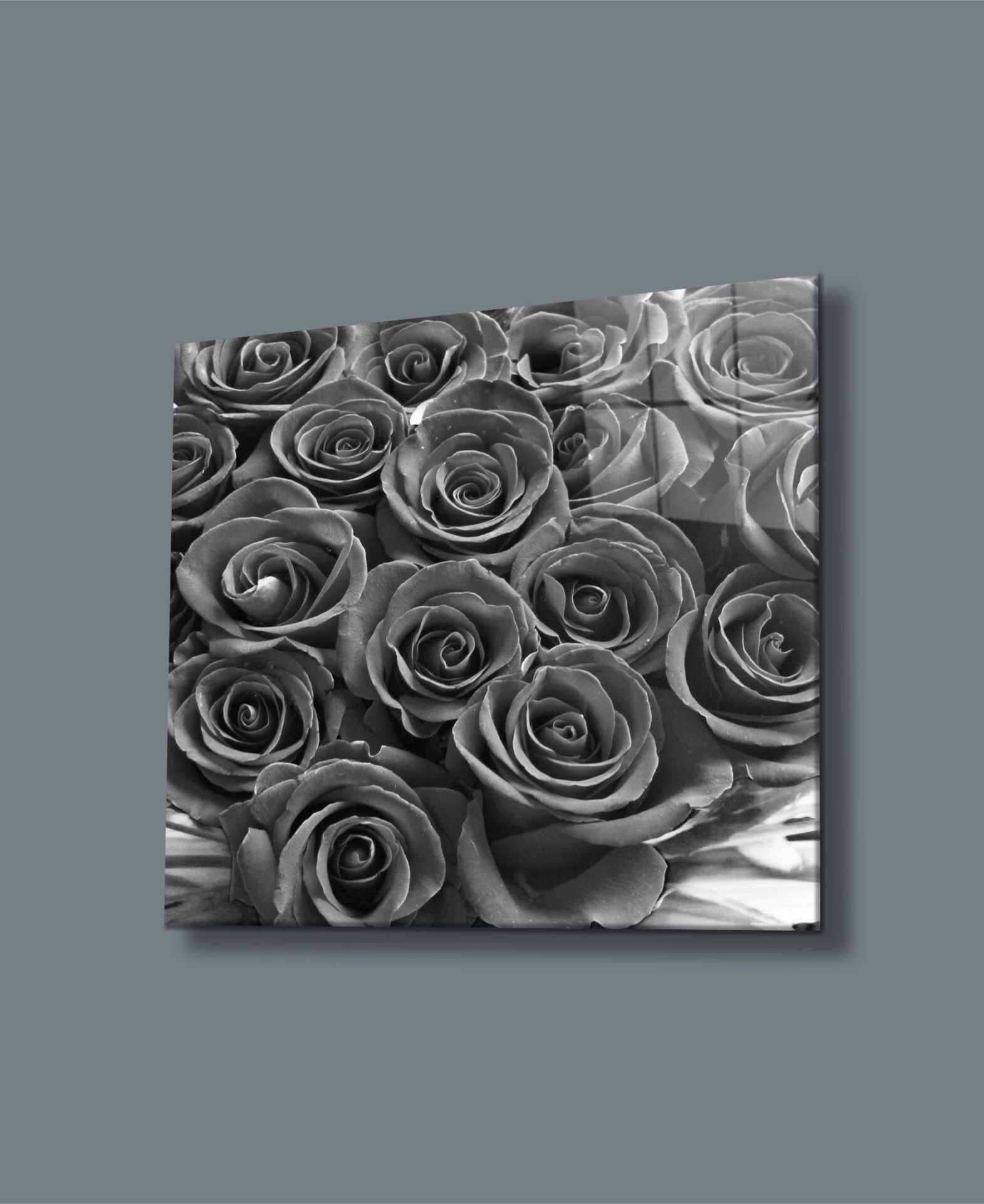 Siyah Beyaz Güller Uv Baskılı Cam Tablo 4mm Dayanıklı Temperli Cam 50x50 Cm