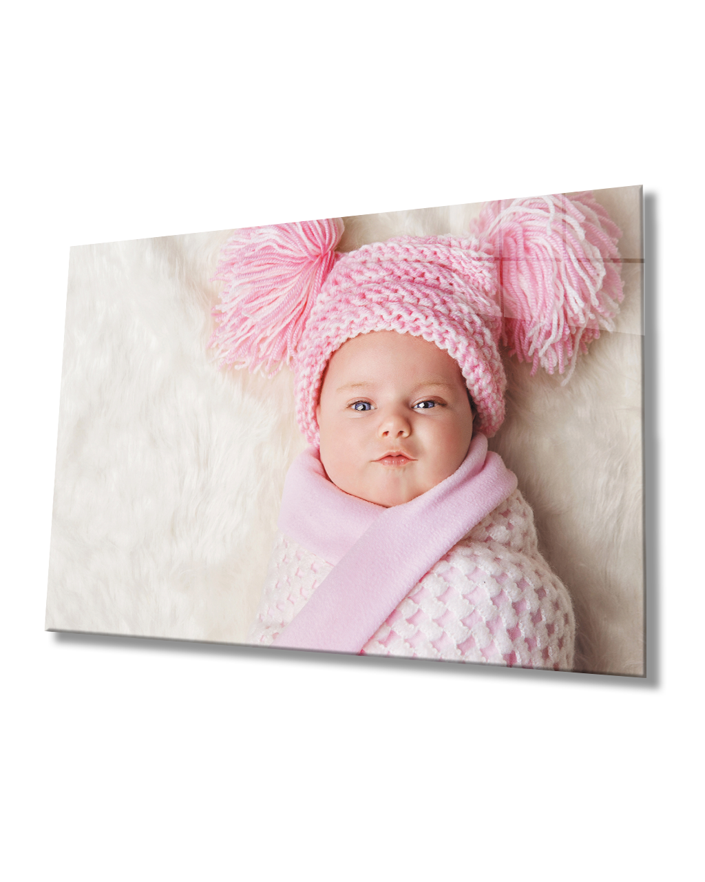 Pembe Şapkalı Bebek Cam Tablo  4mm Dayanıklı Temperli Cam Baby Glass Table With Pink Hat 4mm Durable Tempered Glass