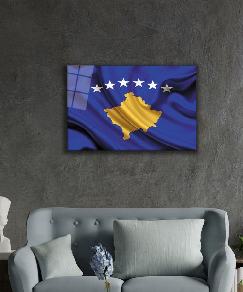 Kosova Bayrağı Cam Tablo  4mm Dayanıklı Temperli Cam, Kosovo Flag Glass Wall Art