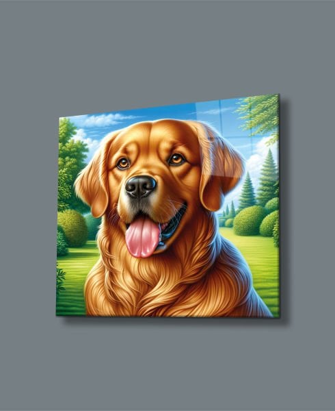 Golden Retriever Köpeği  Modern Cam Tablo Yapay Zeka Hediyelik Büyük Tablo Ev Ofis Dekoru 4mm Dayanıklı Temperli Cam
