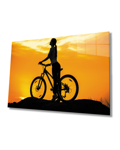 Gün Batımında Bisikletli Kadın Cam Tablo  4mm Dayanıklı Temperli Cam Woman Cycling At Sunset Glass Table 4mm Durable Tempered Glass