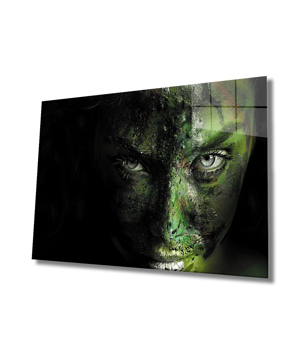 Yeşil Boyalı Kadın Yüzü Cam Tablo  4mm Dayanıklı Temperli Cam, Green Painted Female Face Glass Wall Art