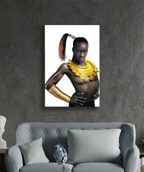 Siyahi Kadın Sanat Portresi Kadın Cam Tablo  4mm Dayanıklı Temperli Cam Woman Portrait Glass Wall Art