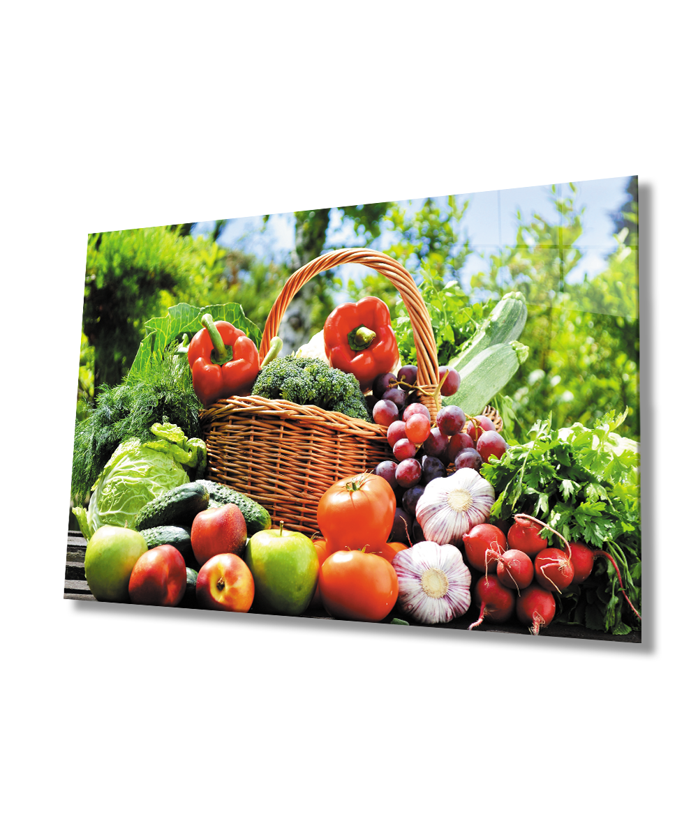 Sepette Meyve Sebze Cam Tablo  4mm Dayanıklı Temperli Cam Fruits and Vegetables in the Baske Glass Wall Art