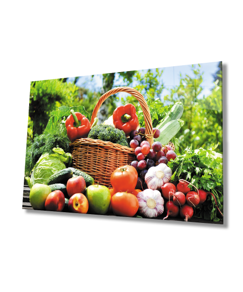 Sepette Meyve Sebze Cam Tablo  4mm Dayanıklı Temperli Cam Fruits and Vegetables in the Baske Glass Wall Art