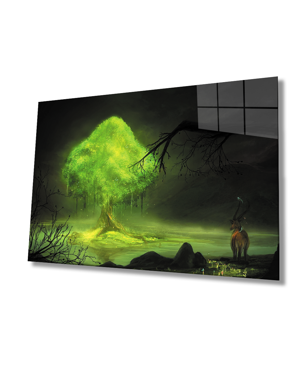 İllustrasyon Manzara Hayvan Yeşil  Cam Tablo  4mm Dayanıklı Temperli Cam Illustration Landscape Animal Green Glass Wall Art