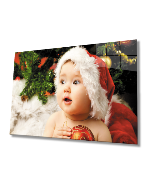 Noel Şapkalı Bebek Cam Tablo  4mm Dayanıklı Temperli Cam Baby Glass Table With Christmas Hat 4mm Durable Tempered Glass