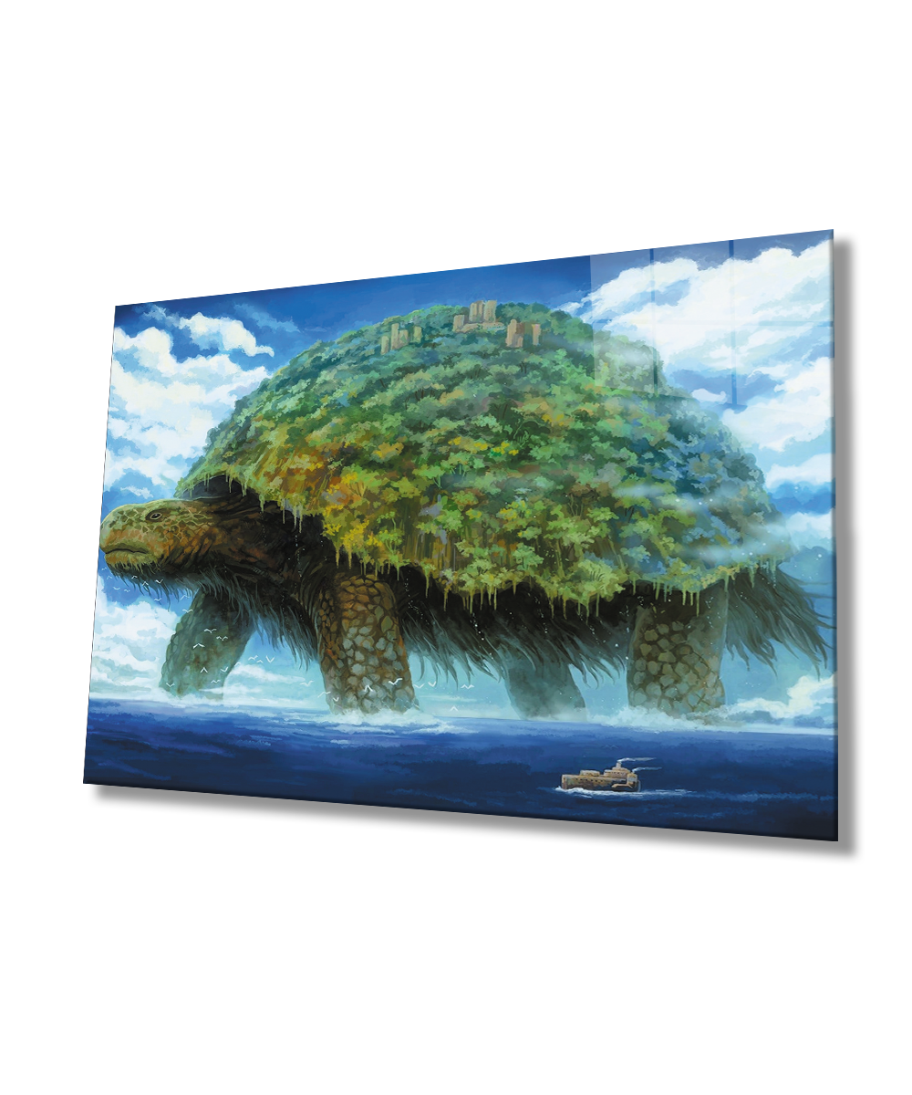 İllüstrasyon Kaplumbağa Manzara Yeşil Cam Tablo  4mm Dayanıklı Temperli Cam Illustration Turtle Landscape Green Glass Wall Art