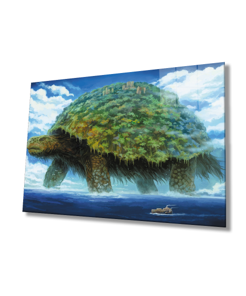 İllüstrasyon Kaplumbağa Manzara Yeşil Cam Tablo  4mm Dayanıklı Temperli Cam Illustration Turtle Landscape Green Glass Wall Art