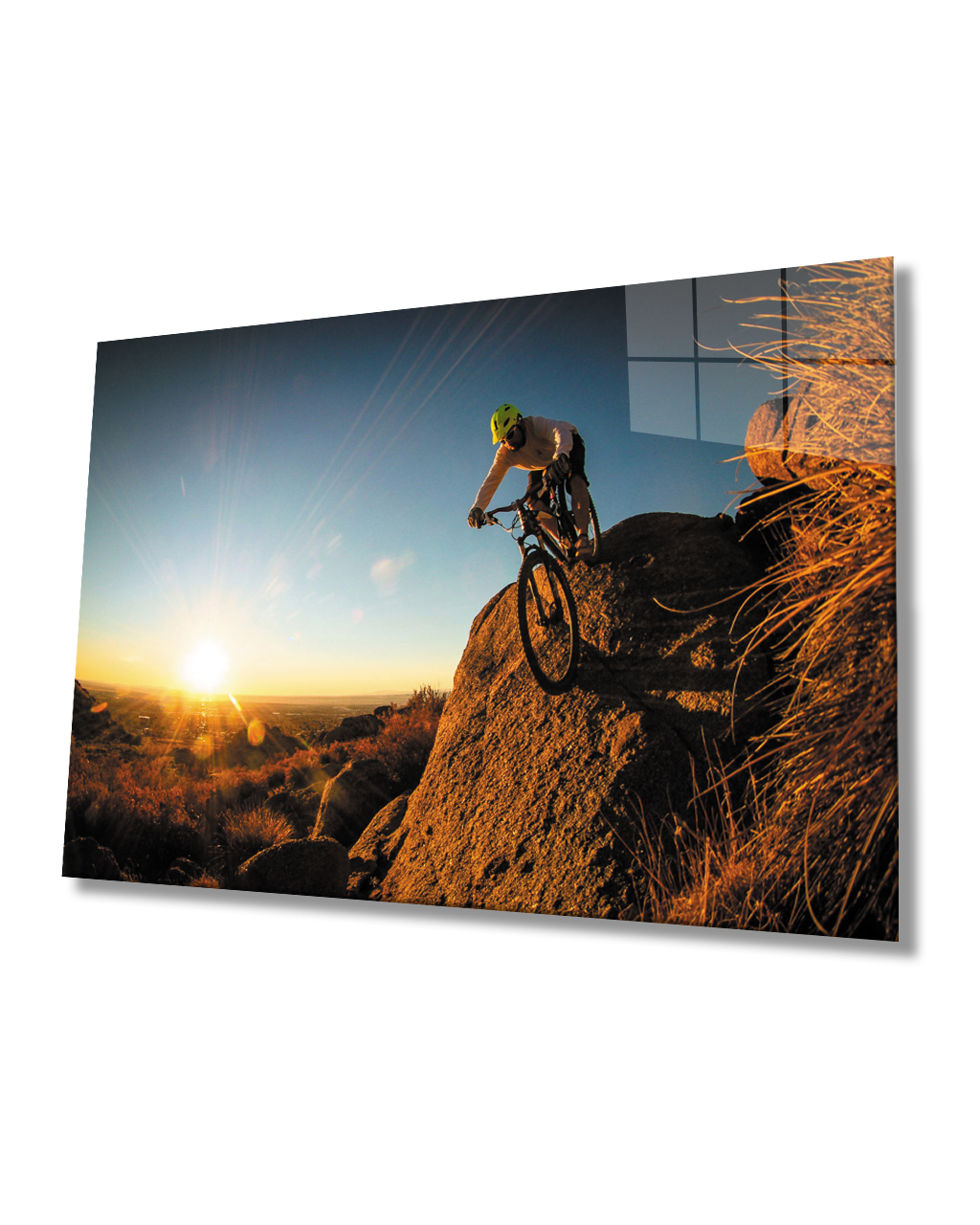 Gün Batımı Manzarasında Bisiklet Sporcusu Cam Tablo  4mm Dayanıklı Temperli Cam Cycling Athlete Glass Table In Sunset Landscape 4mm Durable Tempered Glass