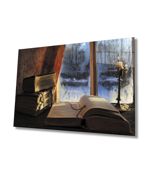Kış Kitap Mum   Cam Tablo  4mm Dayanıklı Temperli Cam Winter Book Candle Glass Wall Art
