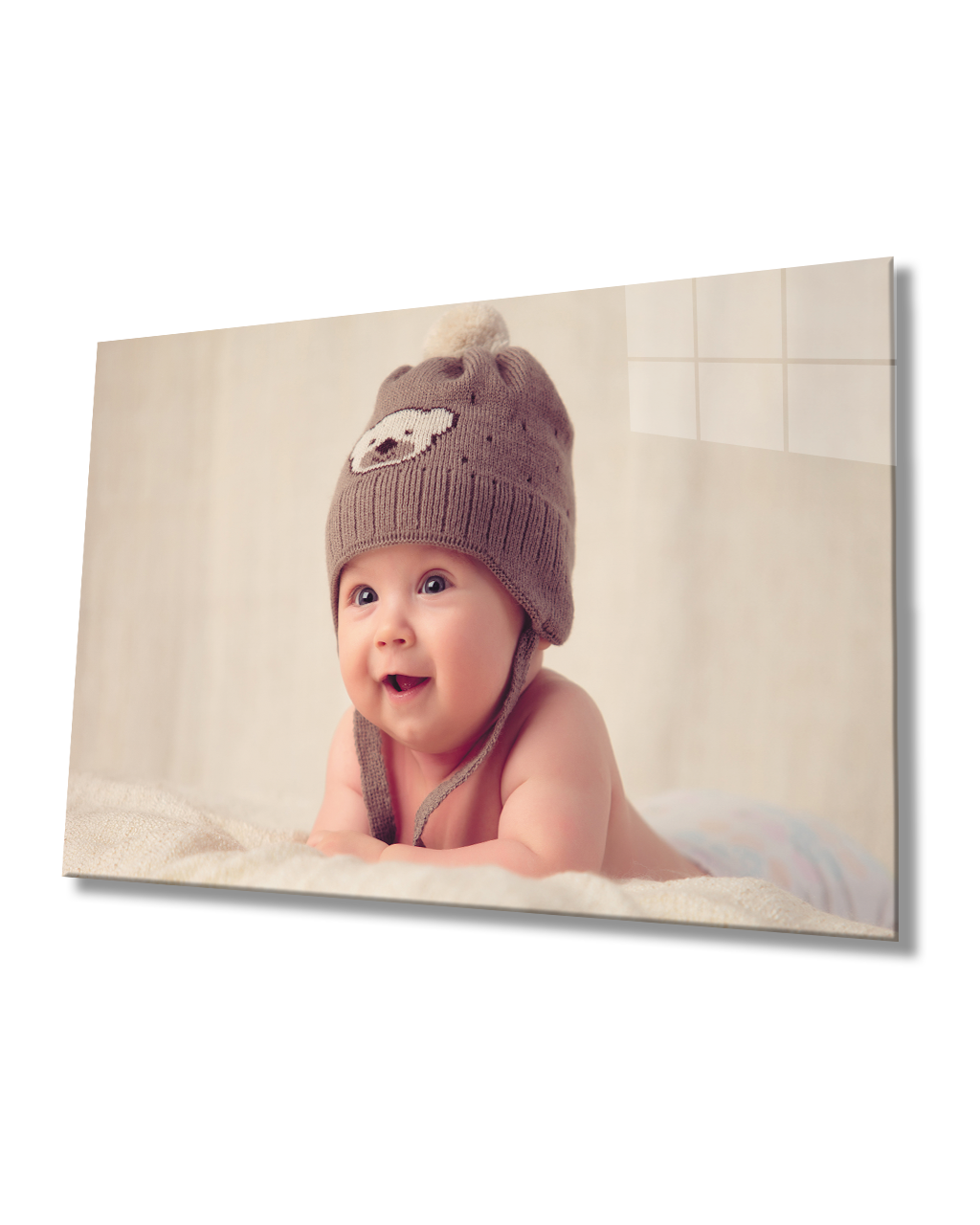 Kahverengi Şapkalı Bebek Cam Tablo  4mm Dayanıklı Temperli Cam Sleeping Baby With Hat Glass Table 4mm Durable Tempered Glass