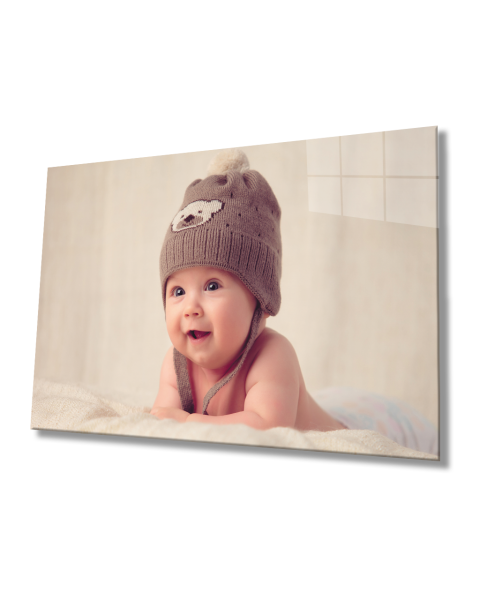 Kahverengi Şapkalı Bebek Cam Tablo  4mm Dayanıklı Temperli Cam Sleeping Baby With Hat Glass Table 4mm Durable Tempered Glass