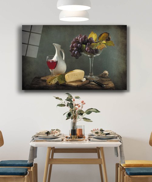 Üzüm Peynir Kadeh Natürmort Cam Tablo  4mm Dayanıklı Temperli Cam Grape Cheese Glass Still Life Glass Wall Art