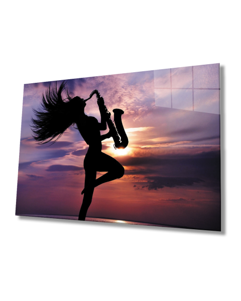 Gün Batımında Enstrüman Çalan Kadın Cam Tablo  4mm Dayanıklı Temperli Cam Woman Playing Instrument at Sunset Glass Painting 4mm Durable Tempered Glass