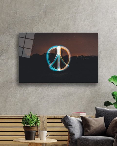 Dünyada Barış Sembollü Gece Manzaralı  Bohem Tarzı Temperli Cam TabloBohemian Style Night View with Symbol of Peace in the World Glass Wall Art
