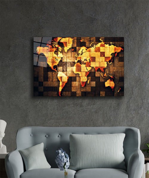 3 Boyutlu Ahşap Görünümlü Dünya Haritası 4mm Dayanıklı Cam Tablo Temperli Cam, 3D Wooden Pattern World Map Glass Wall Art