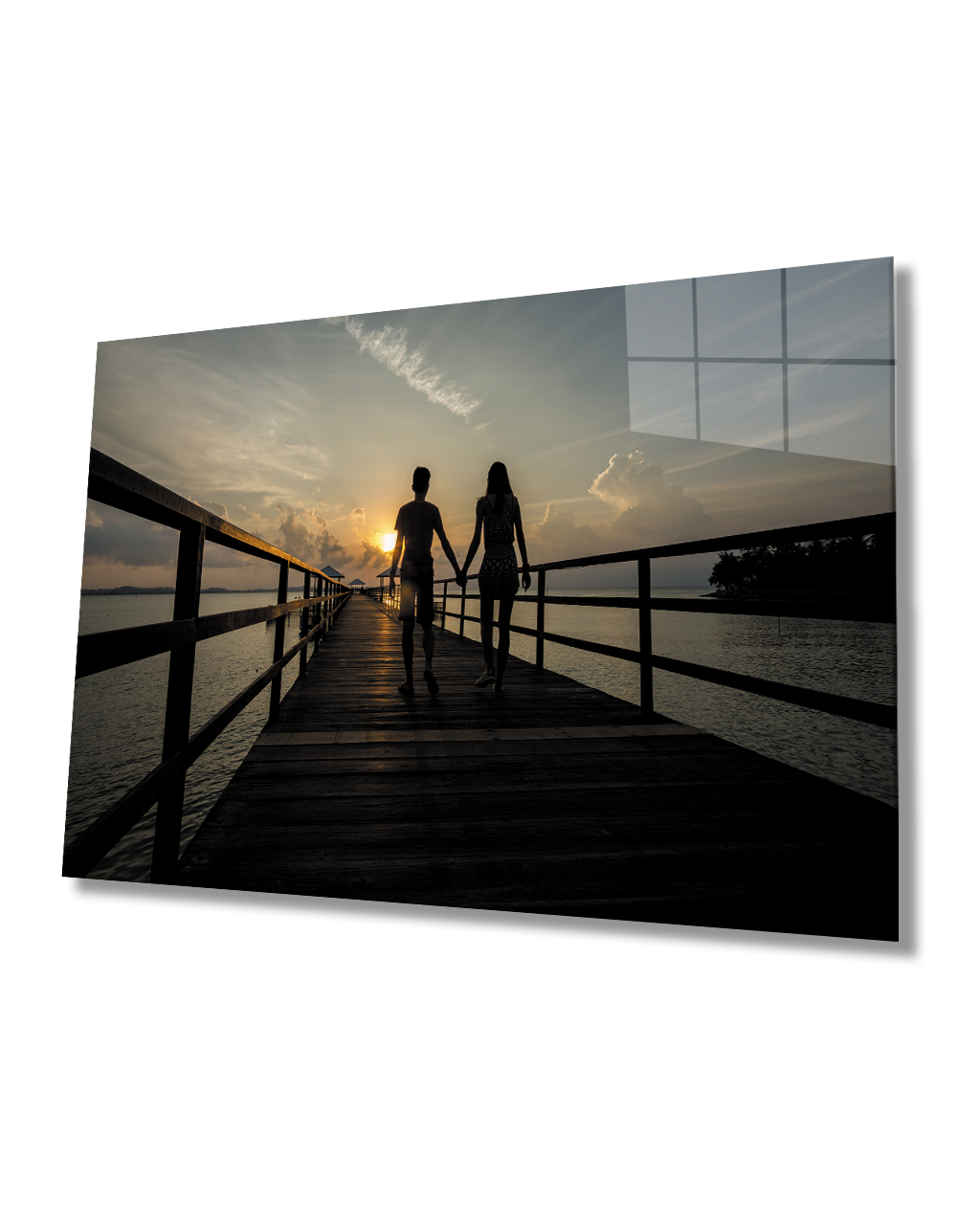 Gün Batımında İskelede Yürüyen Sevgililer Cam Tablo  4mm Dayanıklı Temperli Cam Valentines Walking On Pier At Sunset Glass Table 4mm Durable Tempered Glass