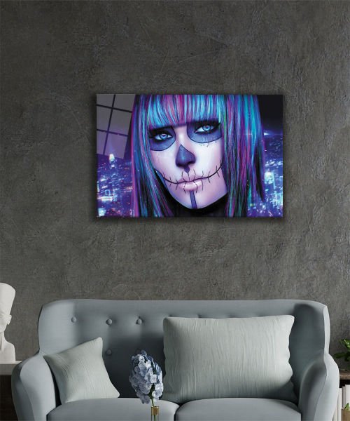 Kafatası Surat Kırmızı Mavi Saçlı Kadın Cam Tablo  4mm Dayanıklı Temperli Cam, Skull Face Red Blue Haired Woman Glass Wall Art